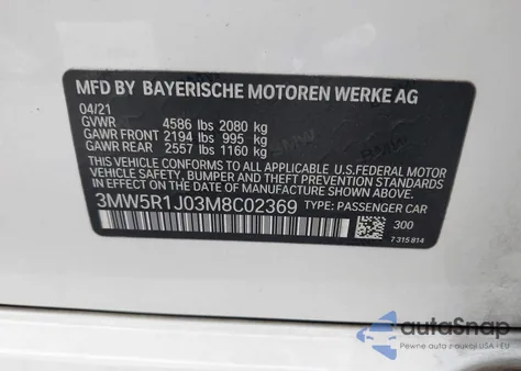 2021 BMW 330I z USA, uszkodzony, nr VIN 3MW5R1J03M8C02369